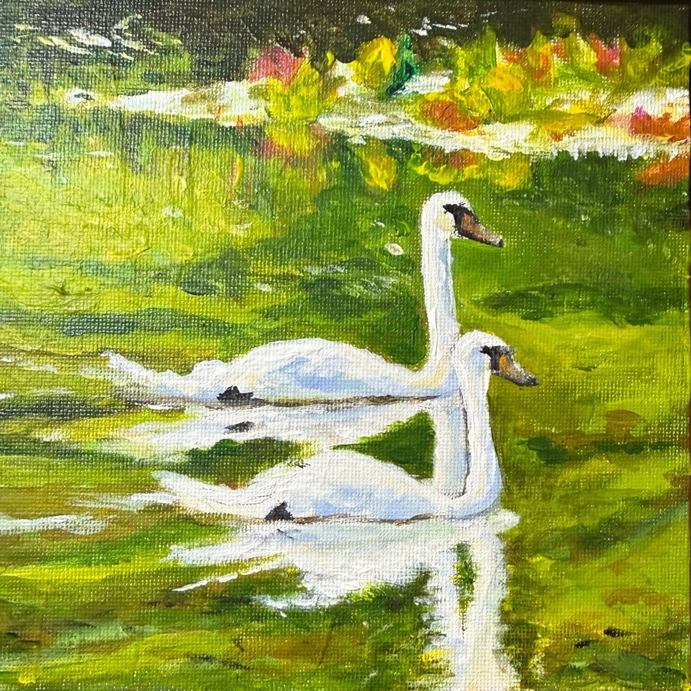 Elegant Swans Canvas Art in Green and White oil and acrylics on the 6”x6” panel